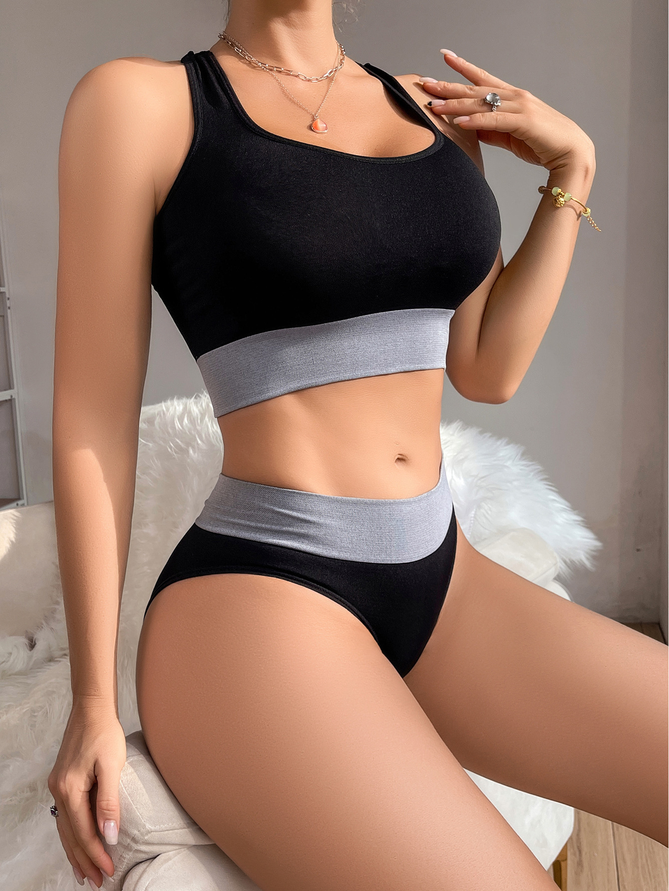 Womens Racing Vest Bra Sets Seamless Solid Color Sweatshirt & Pant Set